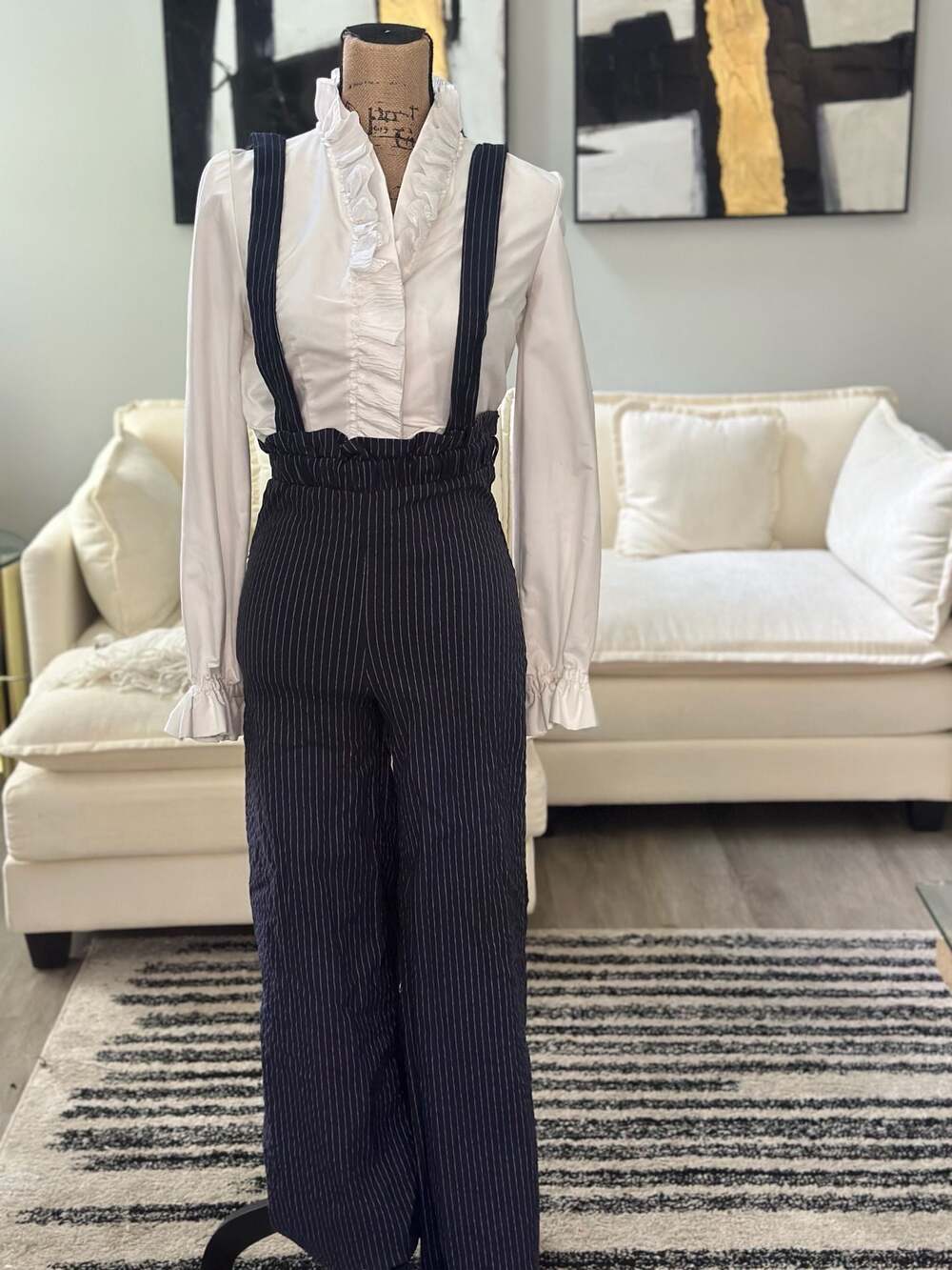 Forever 21 Navy Pinstripe High-Waisted Suspender Pants